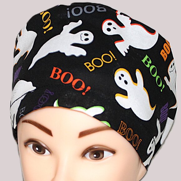 Womens My Halloween Boo, Ghost Euro Pixie Scrub Cap, Handmade NWOT - Picture 2 of 8